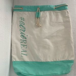 Aerie duffle tote beach book gym bag. White/Teal cotton canvas bag
